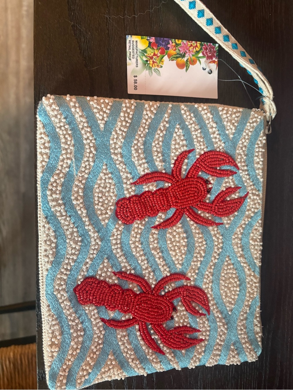 Beaded Lobster Wristlet Clutch in Turquoise, Cream and Red